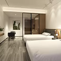 Modern Minimalist Hotel Guest Room with Twin Beds White Bedding Wooden Flooring and TV