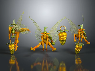Enchanting Fairy Characters With Green Leaf Wings And Yellow Buds In Various Poses 3d model