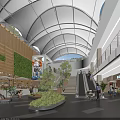 Modern Shopping Mall Lobby With Living Plant Wall Large Sculpture And Staircase