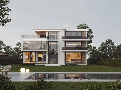 Modern Detached Villa With Floor to Ceiling Glass Windows Private Pool And Lush Garden 3d model