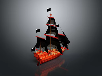 Classic Pirate Ship With Black Sails And Red Hull As Water Transport Vehicle 3d model