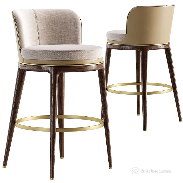 Modern Upholstered Bar Stools with Dark Wood Legs and Gold Metal Rings 3d model 