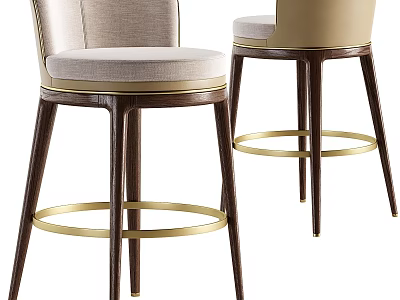 Modern Upholstered Bar Stools with Dark Wood Legs and Gold Metal Rings 3d model