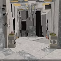 Grand Hall Interior With Gray Marble Walls Floor Golden Ceiling Stone Planters And Chandelier