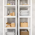 Organized Bathroom Accessories On White Shelves With Towels Wooden Boxes And Baskets