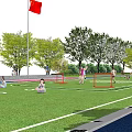 Football Field With Green Turf Running Track Surrounding Trees And Flag Design
