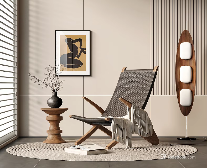 Modern Leisure Chair with Wooden Frame Woven Seat Side Table Floor Lamp and Wall Art 3d model 