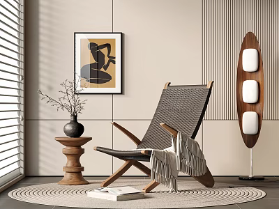 Modern Leisure Chair with Wooden Frame Woven Seat Side Table Floor Lamp and Wall Art 3d model