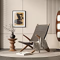Modern Leisure Chair with Wooden Frame Woven Seat Side Table Floor Lamp and Wall Art