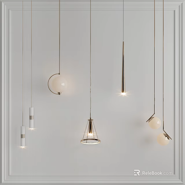 Modern Pendant Lights With Various Shapes Metal Frames And Glass Globes Hanging On White Wall 3d model 
