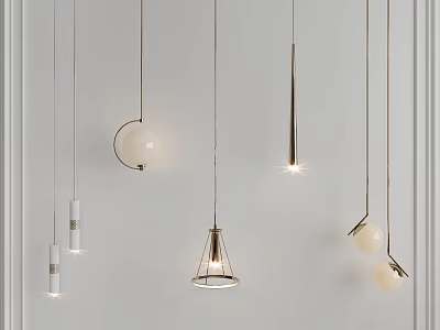 Modern Pendant Lights With Various Shapes Metal Frames And Glass Globes Hanging On White Wall 3d model