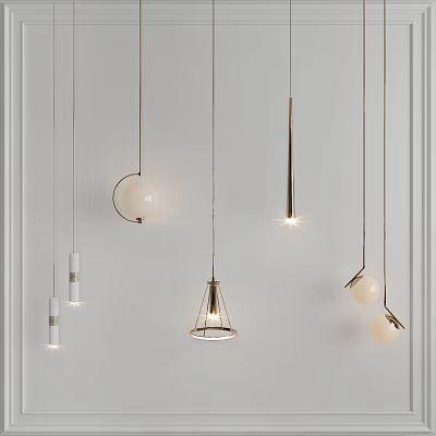 Modern Pendant Lights With Various Shapes Metal Frames And Glass Globes Hanging On White Wall 3d model