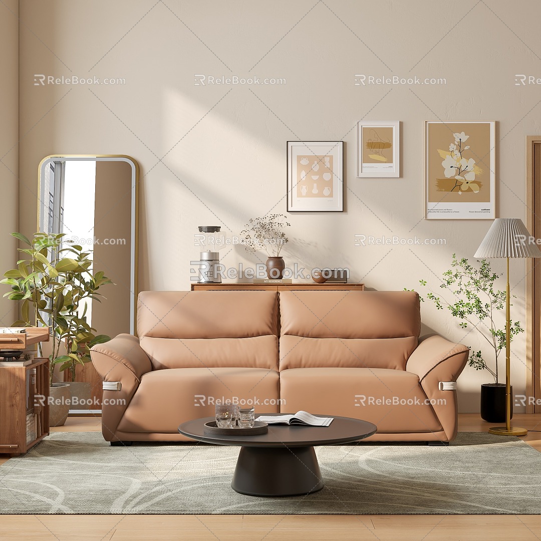 Antique Cream Modern Minimalist Protein Leather brown Sofa 3d model