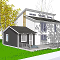 Modern Single Family Home With White Exterior Black Windows Patio Railing And Green Lawn