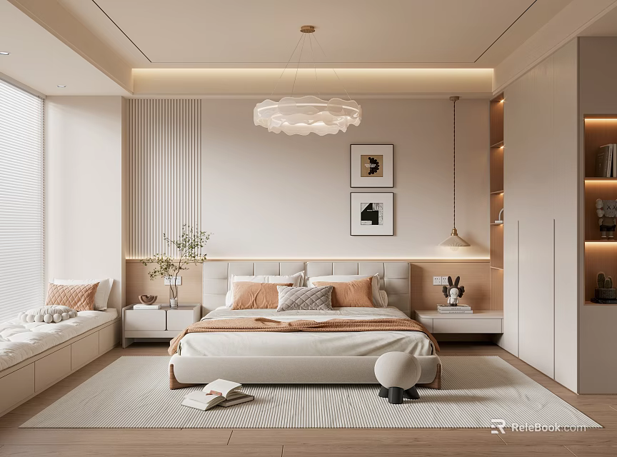 Modern Elegant Bedroom Interior With Bed Wooden Nightstands Chandelier Framed Art And Window Bench 3d model 