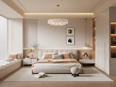 Modern Elegant Bedroom Interior With Bed Wooden Nightstands Chandelier Framed Art And Window Bench 3d model