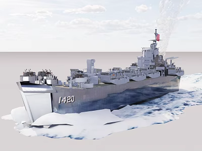 Large Gray Ship 1420 Navigating Icy Ocean With Icebergs And Smoke 3d model