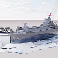Large Gray Ship 1420 Navigating Icy Ocean With Icebergs And Smoke 3d model