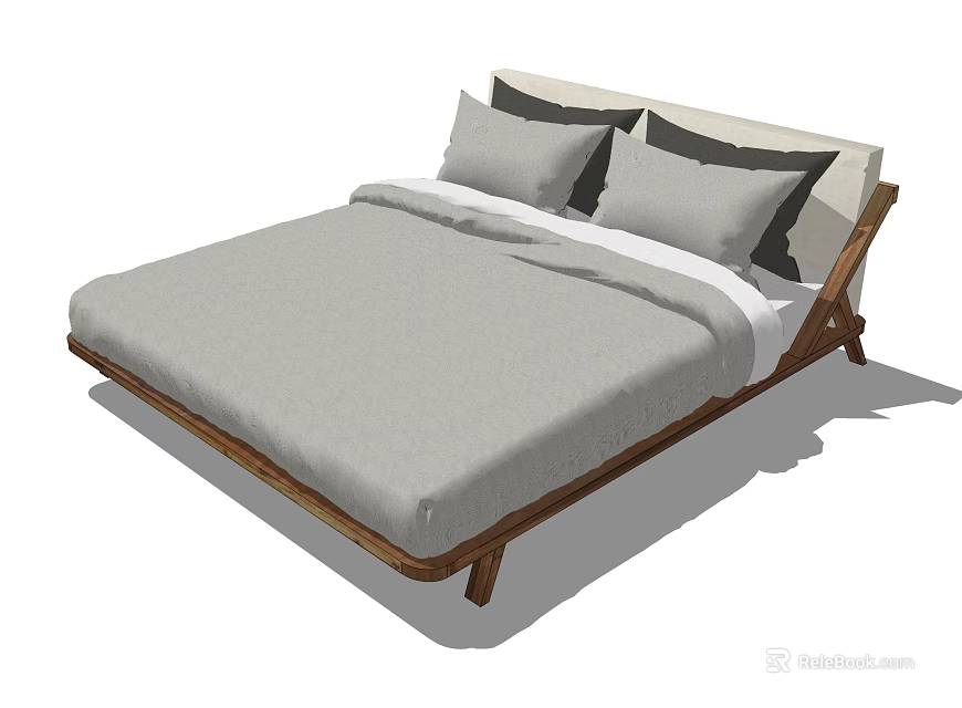 Modern Double Bed With Wooden Frame Gray Mattress And Pillows 3d model 