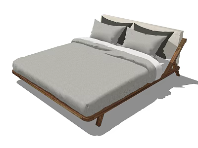 Modern Double Bed With Wooden Frame Gray Mattress And Pillows 3d model