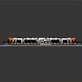 Orange and white passenger train on railway platform with multiple carriages and rail tracks