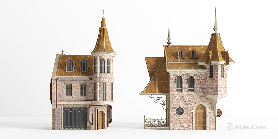 Traditional European Architecture With Spires Brick Exterior Arched Windows And Towers 3d model 