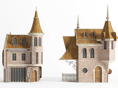 Traditional European Architecture With Spires Brick Exterior Arched Windows And Towers 3d model