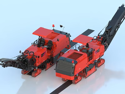 Red Tracked Functional Construction Vehicles With Working Equipment And Mechanical Arms 3d model