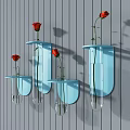 Blue Wall Hangings With Glass Vases And Red Roses On Gray Wooden Wall