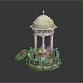Ornate Classical Gazebo With Dome Columns And Decorative Base Beside Wooden Boat