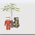 Decorative Ornament Combination With Red Bear Figurine Indoor Tree Metal Vase And Stacked Vintage TVs