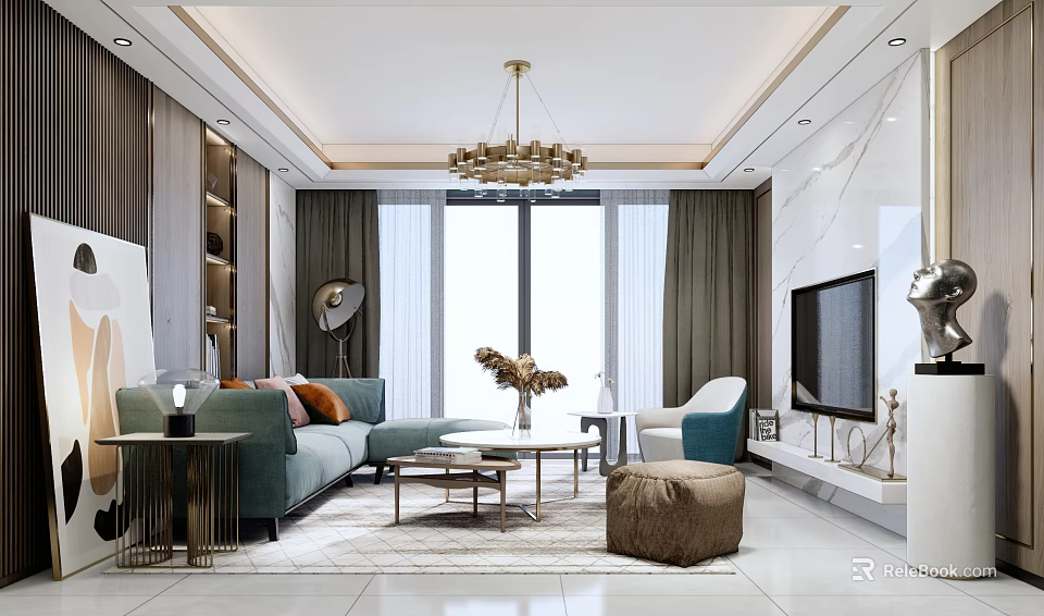 Modern Living Room Interior With Green Sofa Coffee Table Gray Curtains And Chandelier 3d model 