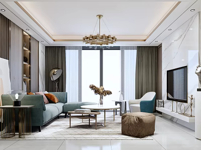 Modern Living Room Interior With Green Sofa Coffee Table Gray Curtains And Chandelier 3d model