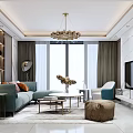 Modern Living Room Interior With Green Sofa Coffee Table Gray Curtains And Chandelier