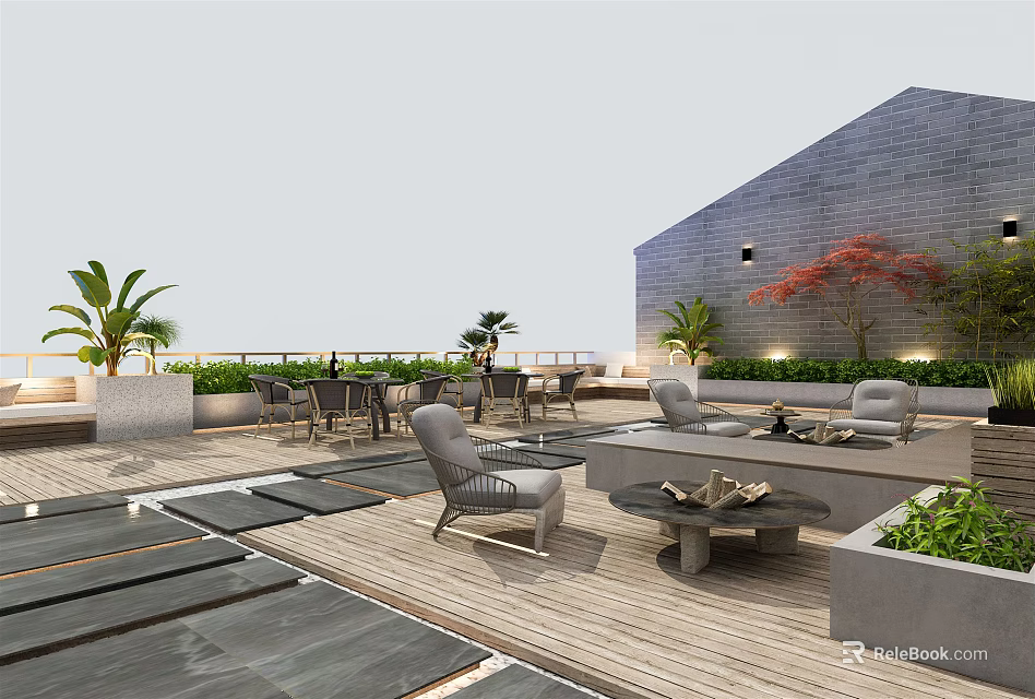 Beautiful Rooftop Garden with Wooden Decking Gray Seating and Tropical Plants 3d model 