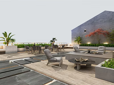 Beautiful Rooftop Garden with Wooden Decking Gray Seating and Tropical Plants 3d model
