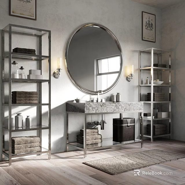 Elegant Modern Bathroom Vanity Design With Round Mirror Marble Countertop And Silver Shelves 3d model 