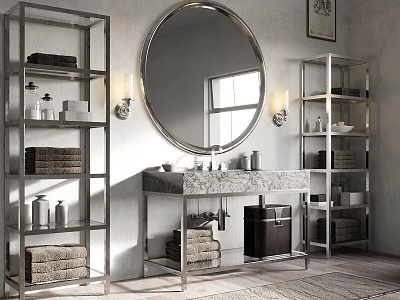 Elegant Modern Bathroom Vanity Design With Round Mirror Marble Countertop And Silver Shelves 3d model