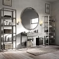 Elegant Modern Bathroom Vanity Design With Round Mirror Marble Countertop And Silver Shelves