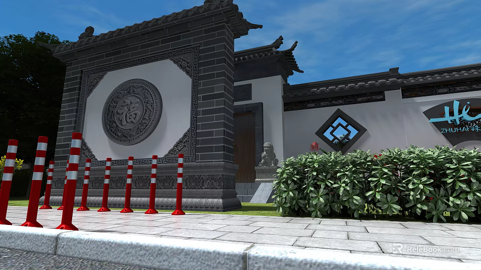 Traditional Chinese Landscape Wall With Circular Fu Relief Gray Bricks And Green Plants 3d model 