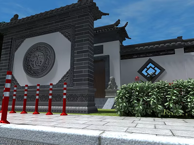 Traditional Chinese Landscape Wall With Circular Fu Relief Gray Bricks And Green Plants 3d model