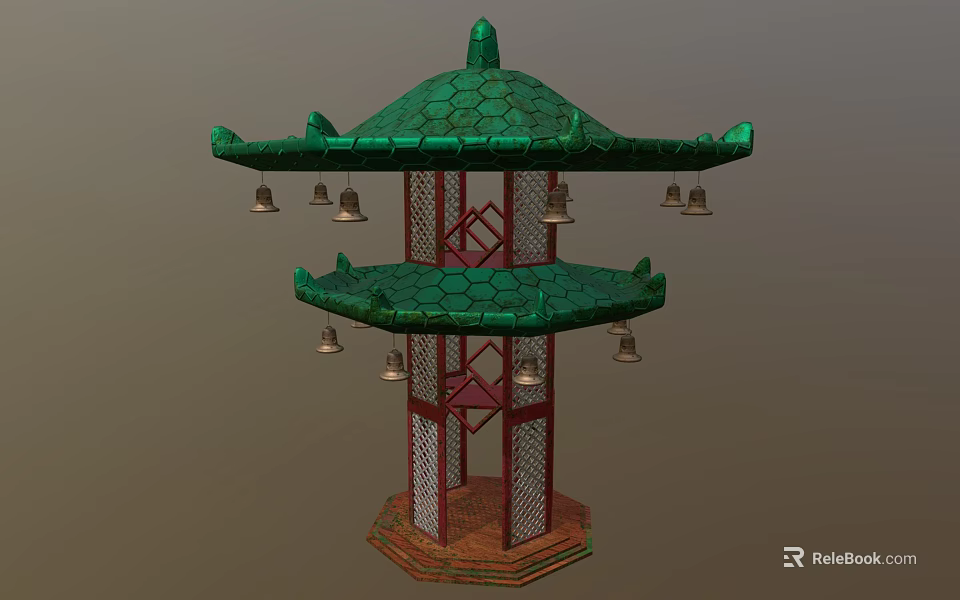 Traditional Pagoda Architecture With Green Tiered Roof Hanging Bells And Red Pillars Lattice Design 3d model 