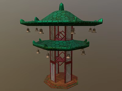 Traditional Pagoda Architecture With Green Tiered Roof Hanging Bells And Red Pillars Lattice Design 3d model