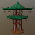 Traditional Pagoda Architecture With Green Tiered Roof Hanging Bells And Red Pillars Lattice Design