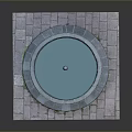Outdoor Circular Stone Pool With Blue Water Central Stone And Stone Pavement