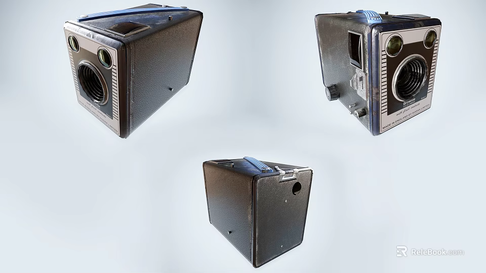 Vintage Black Square Shaped Digital Camera Shown From Three Angles With Lens And Holes 3d model 