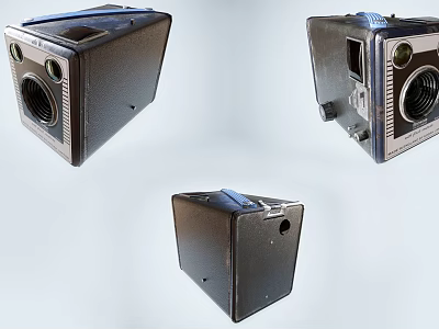Vintage Black Square Shaped Digital Camera Shown From Three Angles With Lens And Holes 3d model