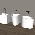 Modern White Ceramic Bathroom Sinks With Different Designs And Faucets On Wooden Floor
