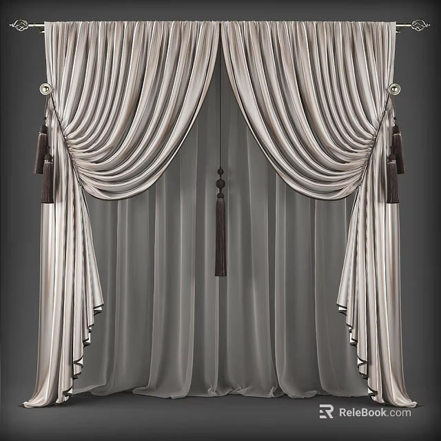Elegant Striped Curtains With Pleated Design And Tassel Accents Sheer Lining 3d model 