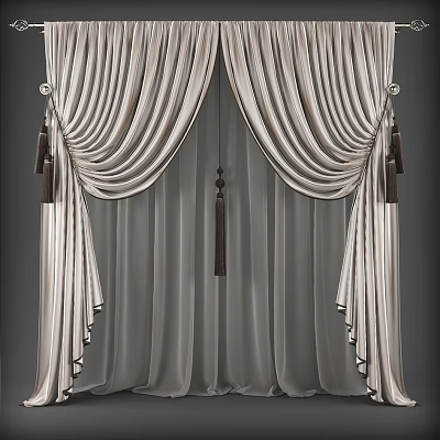 Elegant Striped Curtains With Pleated Design And Tassel Accents Sheer Lining 3d model